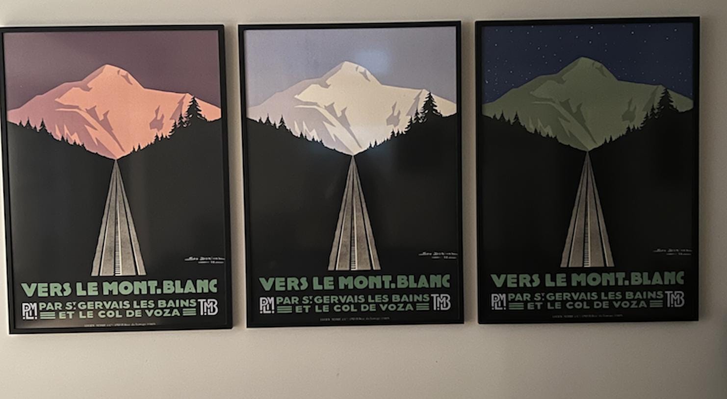 The Vers le Mont-Blanc triptych framed and hung